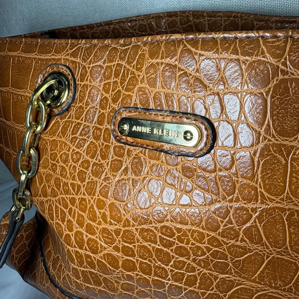 Anne Klein Cognac Brown Croc Embossed Tote‎ Bag Gold Chain Zebra Print Lining